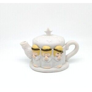 Hallmark Houston Harvest Teapot Praying Angels Stars Lid Ceramic White 3.5" VTG